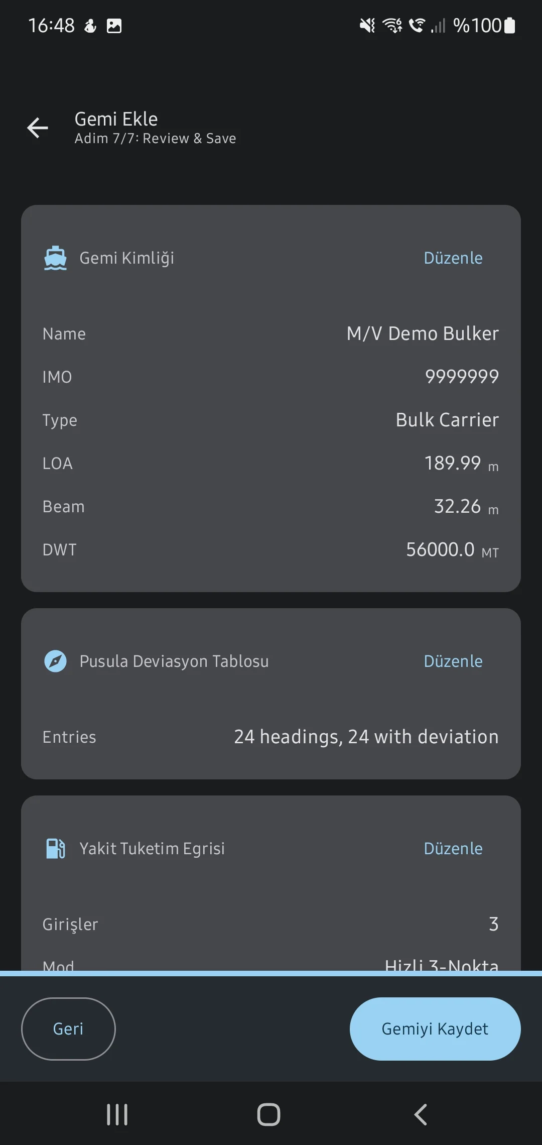 CaptainCalc uygulama ekran görüntüsü - Vessel Profile Summary