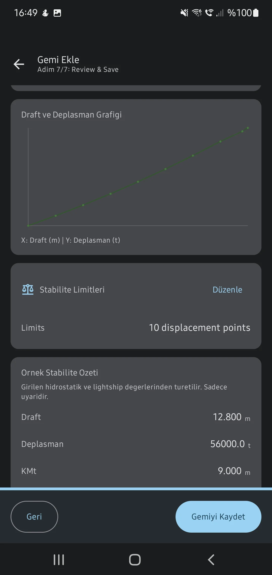 CaptainCalc uygulama ekran görüntüsü - Draft/Displacement Graph