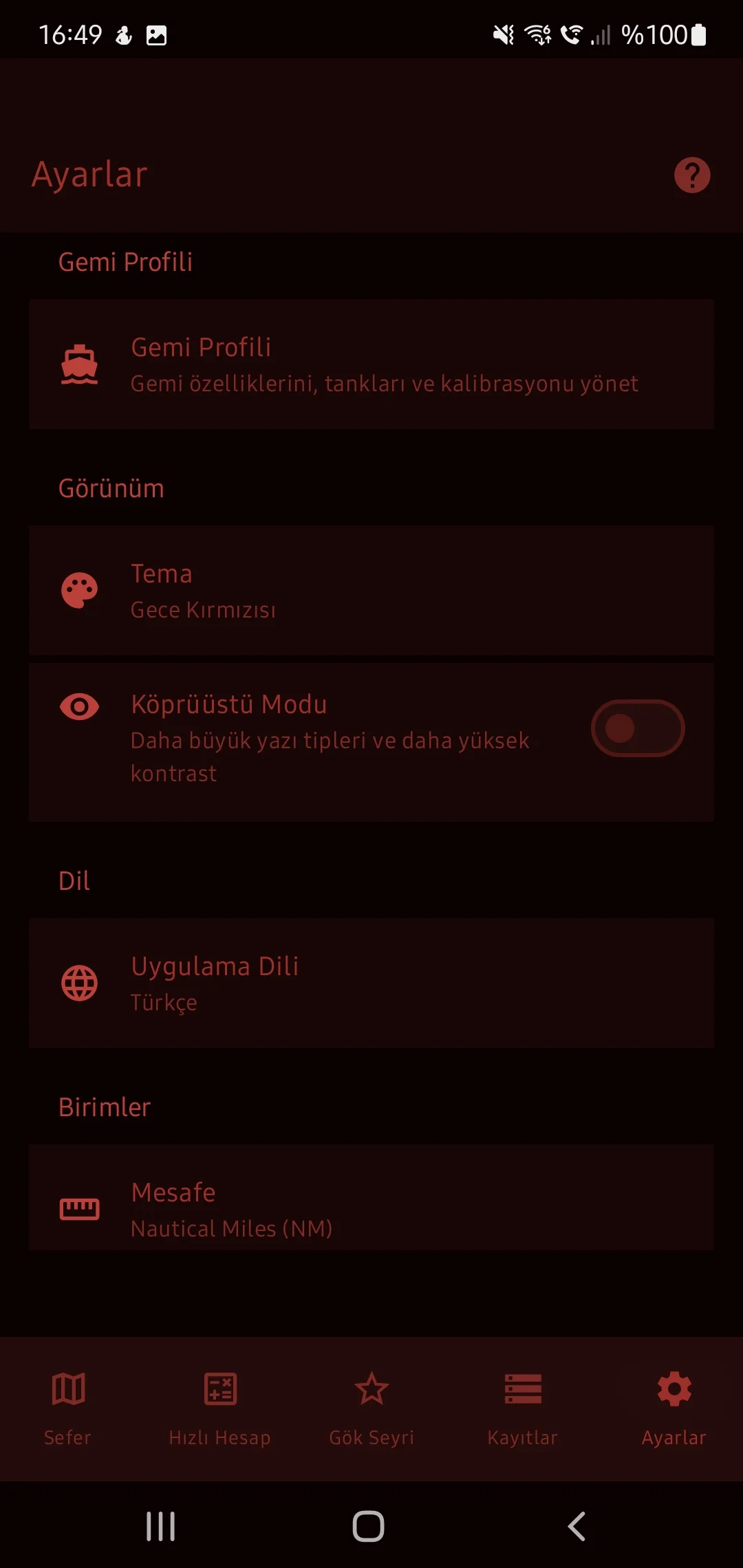 CaptainCalc uygulama ekran görüntüsü - Night Vision Theme