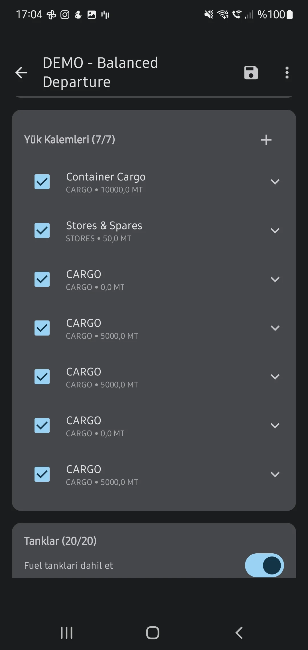 CaptainCalc uygulama ekran görüntüsü - Cargo Hold Input