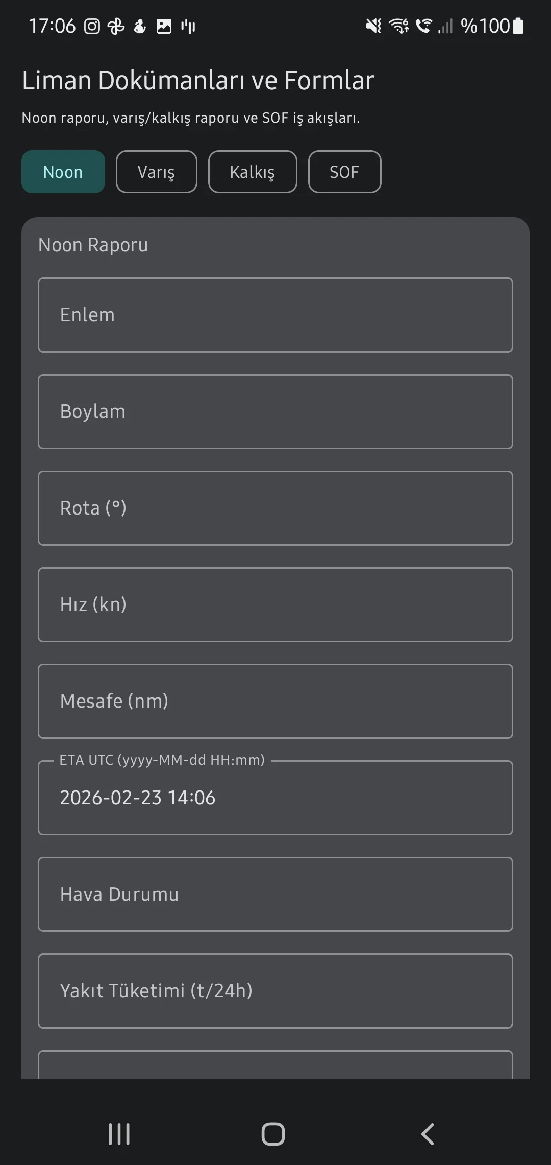 CaptainCalc uygulama ekran görüntüsü - Noon Report Print