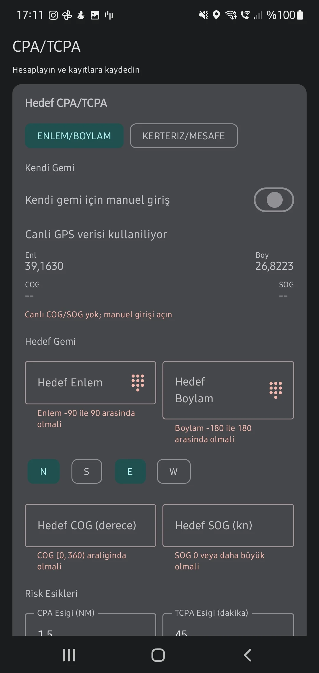 CaptainCalc uygulama ekran görüntüsü - CPA/TCPA Radar Check