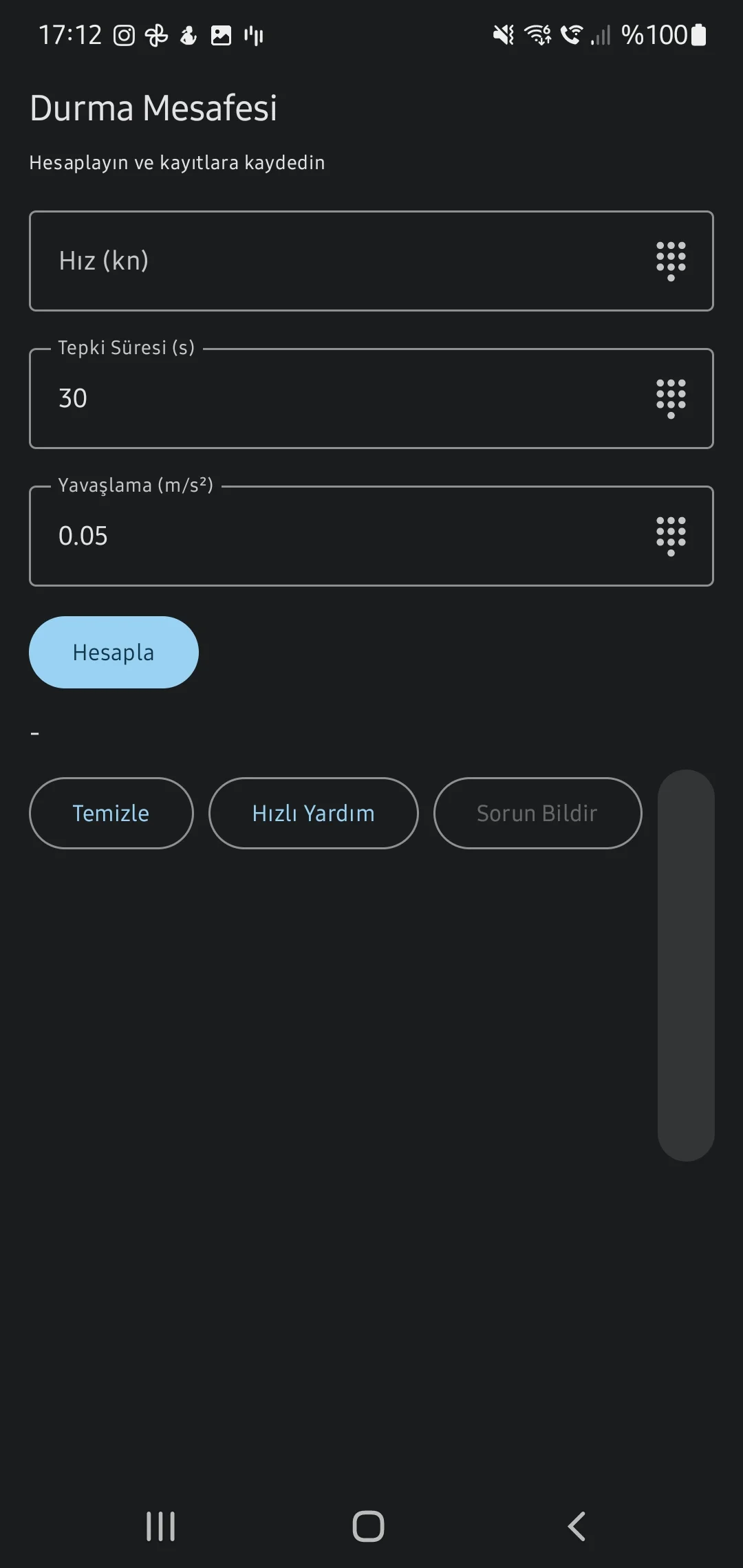 CaptainCalc uygulama ekran görüntüsü - Stopping Head Reach