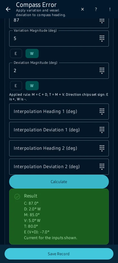 Run a quick bridge calculation: the calculator shows the result, method context and on-screen messages without changing vessel records unless you save it.