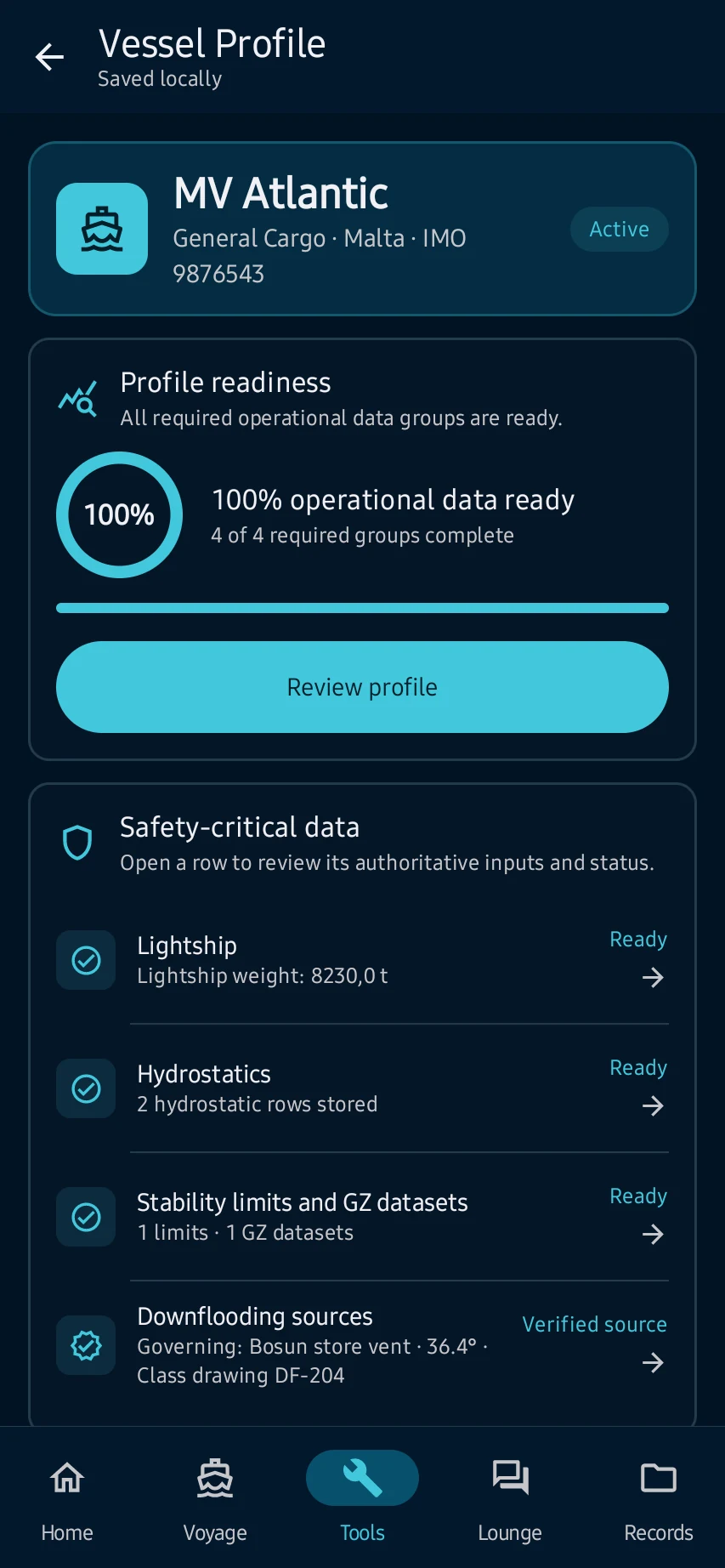 I-install at kumpletuhin ang unang pagbukas: Buksan ang Vessel Profile at i-load ang malinaw na built-in example vessel para sa pagkilala sa app; huwag gamitin ang example values sa tunay na operasyon.
