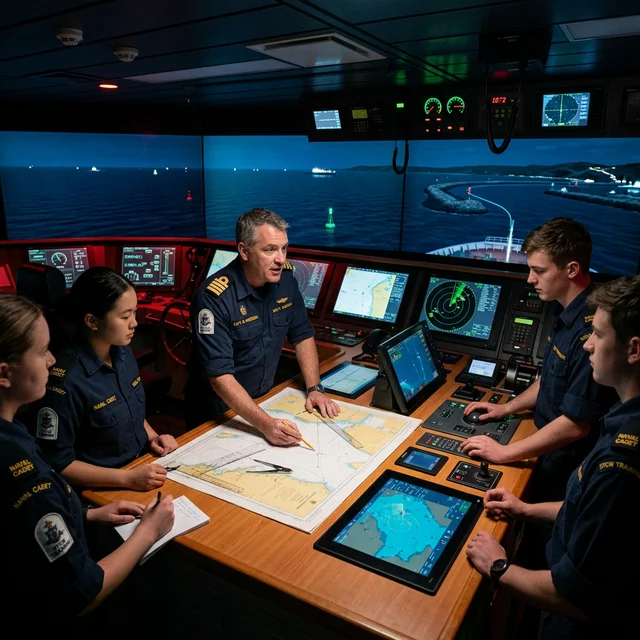 Ship bridge simulator with a captain instructing naval cadets, representing STCW maritime training